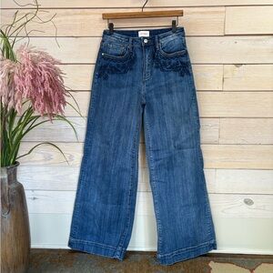 Driftwood Wide Leg Denim with Navy Embroidery